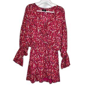 VICI Pink Floral Romantic Ruffle Long Sleeve V Neck Mini Dress Size Small